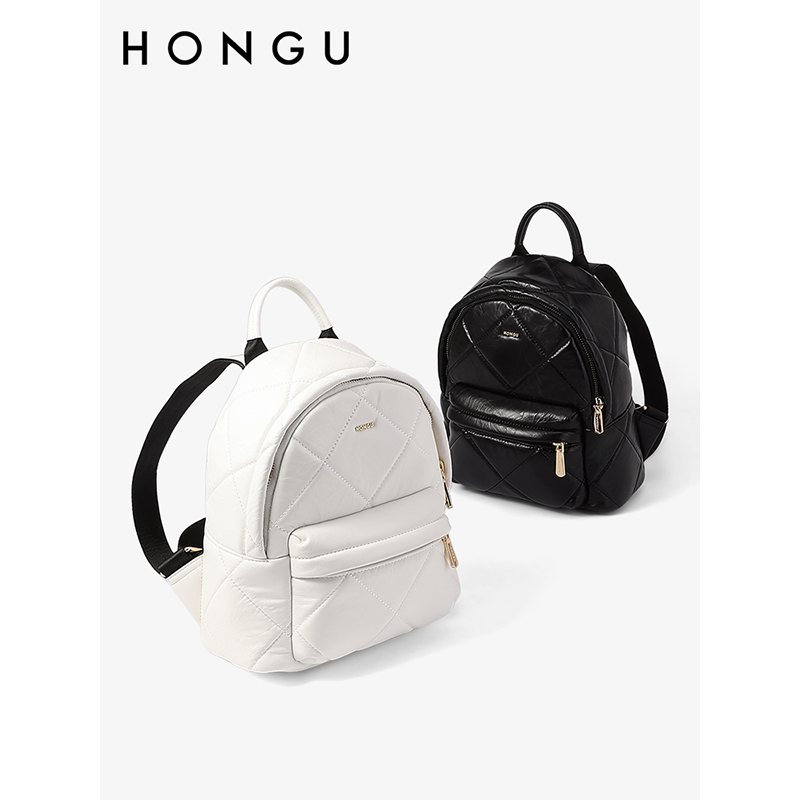 HONGU/红谷新款真皮时尚休闲双肩包女包小众设计感油蜡皮牛皮背包