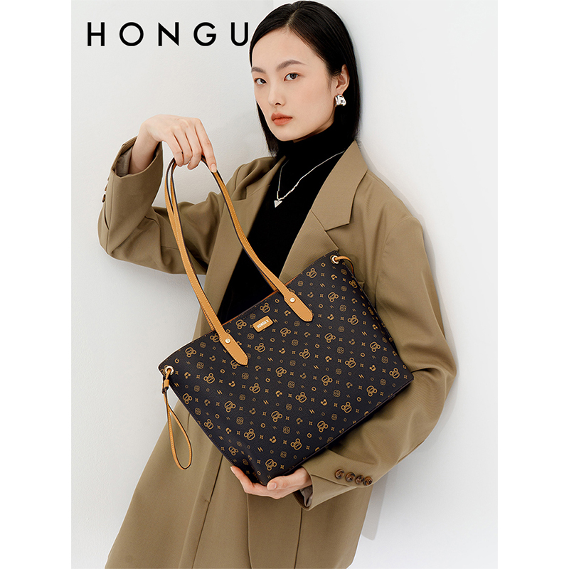 HONGU/红谷新款托特包单肩时尚肩包印花通勤百搭女士斜跨休闲女包