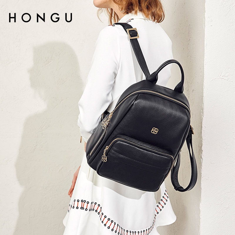HONGU/红谷新款牛皮时尚双肩包休闲韩版真皮背包百搭女士双肩背包