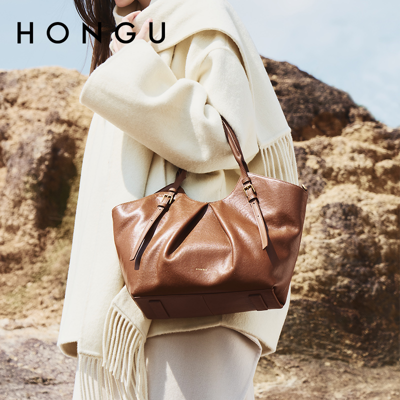 HONGU/红谷新款质感真皮单肩手提包大容量托特包女士包H5156111
