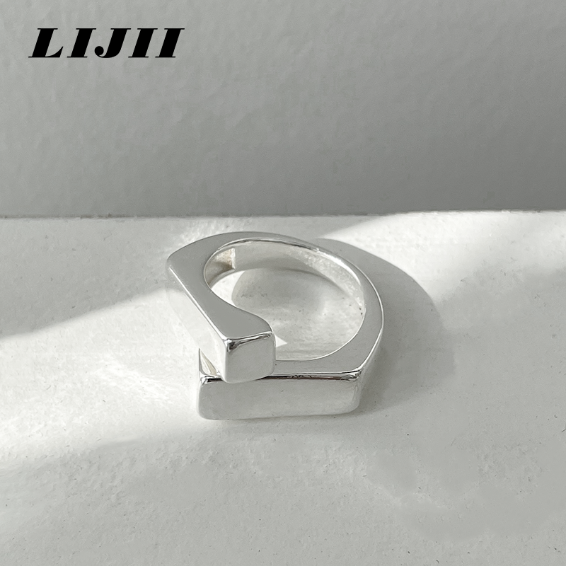 925银戒指 链界LIJII 不规则方块开口式简约高级时尚小众男女戒指