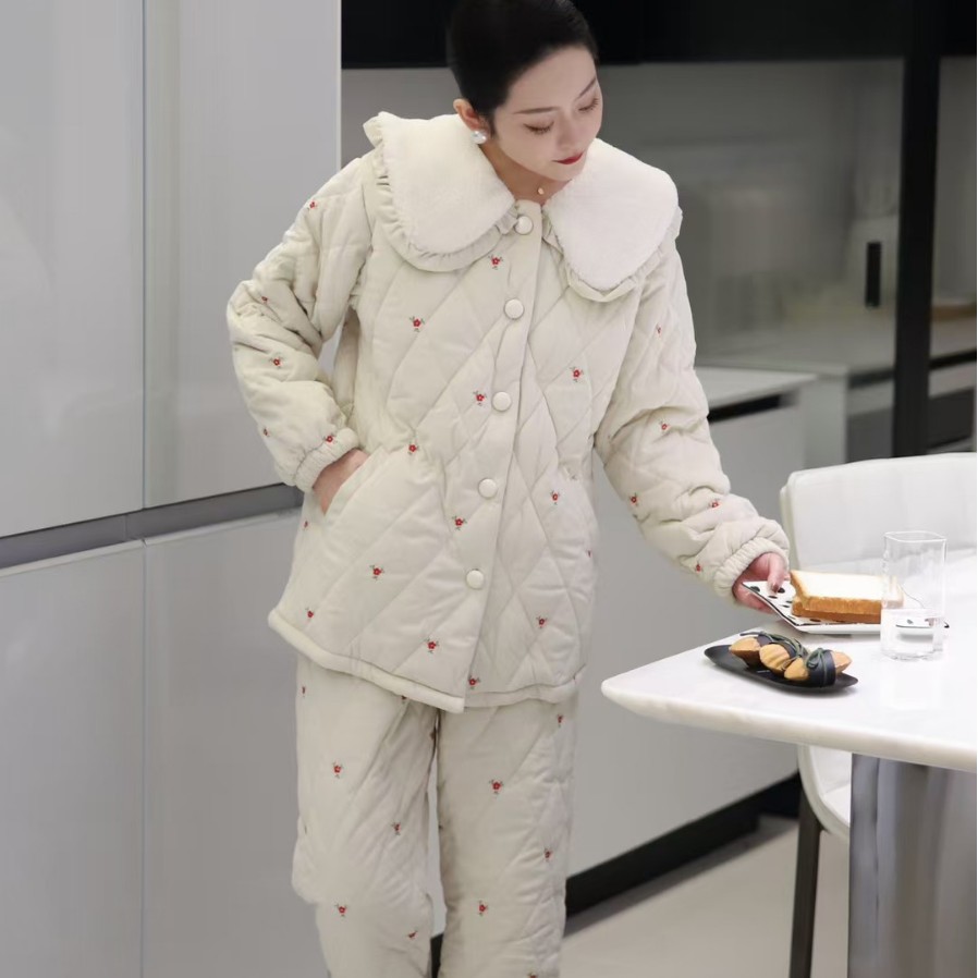 文艺风睡衣女三层夹棉复合绒保暖加厚加绒居家服国风开衫纯棉套装