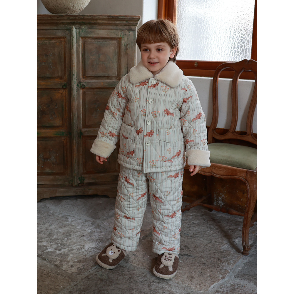 韩国男童冬天特厚三层夹棉睡衣加绒中大童保暖家居服可外穿棉衣裤