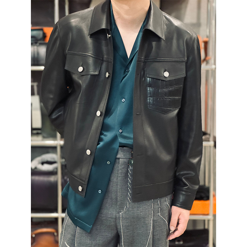 （主店）160000版”爱玛人士BabyCalf胎牛拼CN鳄鱼皮"牛仔夹克皮衣男