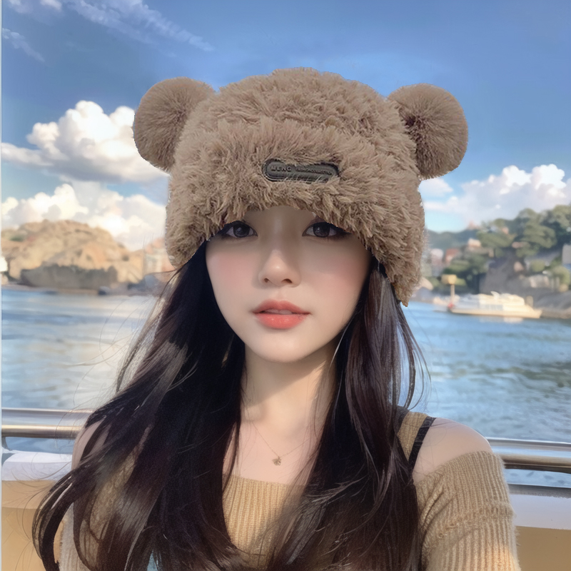 2024秋冬季小熊护耳帽日系帽子女毛绒保暖防寒包头帽网红百搭防风
