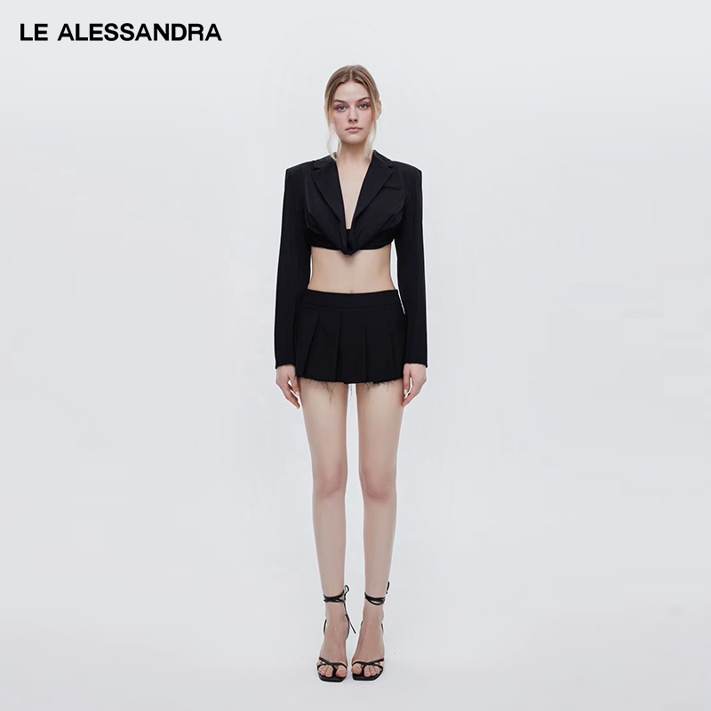 品牌直营 LE ALESSANDRA 黑色Mini百褶裙百搭a字高腰显瘦短裙女夏