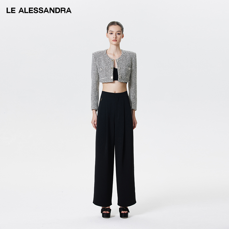 【刘亦菲同款】品牌直营 LE ALESSANDRA 黑白千鸟格钻扣粗花尼外套