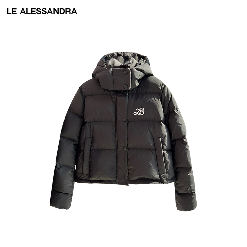 品牌直营LEALESSANDRA黑色立体胶标羽绒服加厚保暖冬季连帽短款
