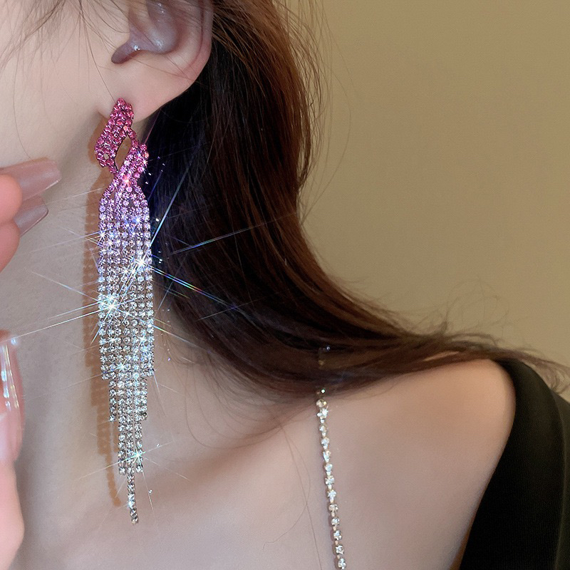 铜合金耳饰 925银针优雅气质渐变玫红色满钻长款流苏简约大气百搭