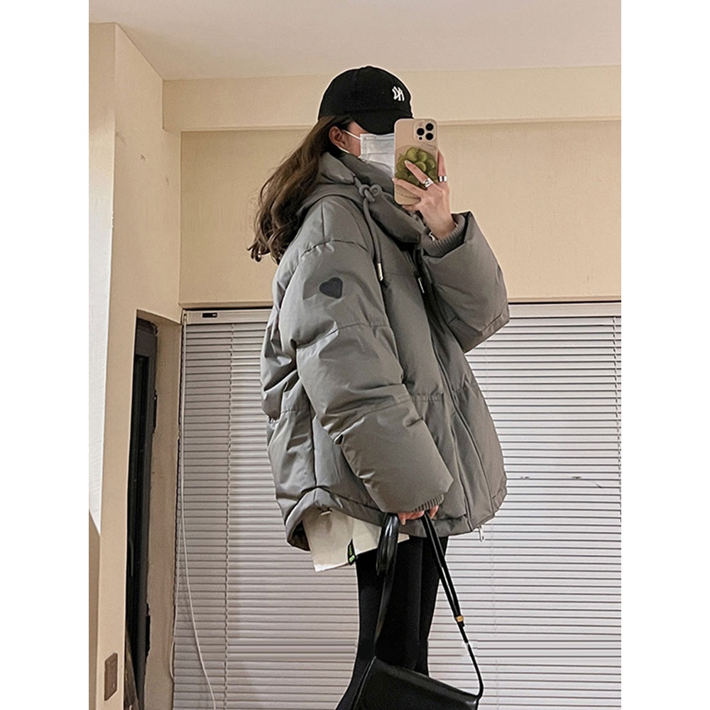 秋冬灰色爱心短款羽绒服女2023年新款男女情侣加厚学生面包服外套