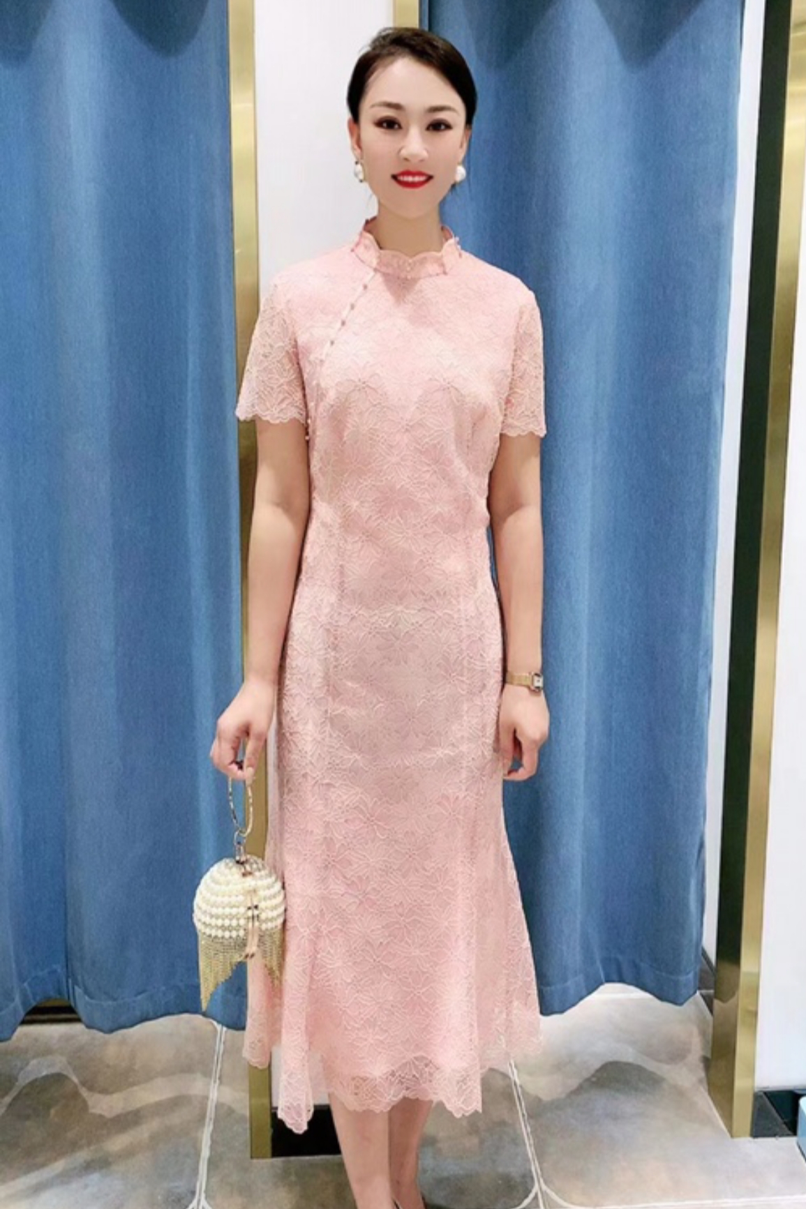 喜妈妈礼服62515蕾丝粉色婚礼中式