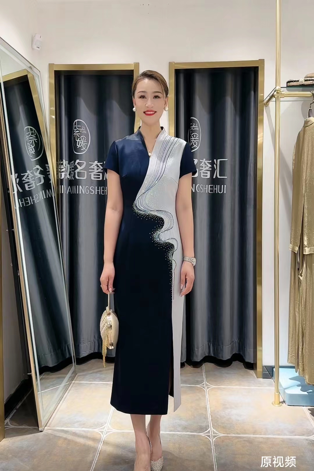 深V领高级蓝拼接灰色晚礼服217816显瘦宴会修身优雅