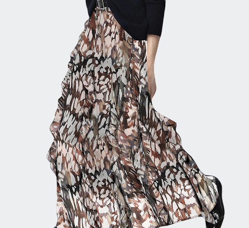 欧洲站女装新款气质花色荷叶半身长裙小众设计感雪纺裙子BV6220