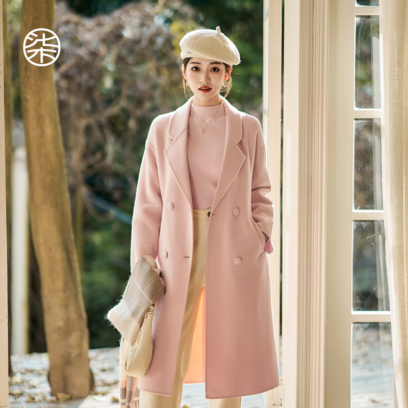 千金小姐1771柒量一裁小个子温柔淡粉色双面呢大衣毛呢外套冬季