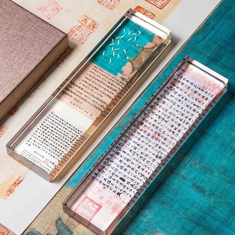 创意水晶玻璃镇纸压书压纸加厚加重镇尺国风压纸石瑞鹤图千里江山