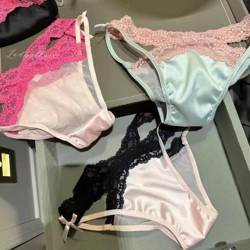 「LA」永远热辣*玫粉色辣妹纯欲蕾丝边蝴蝶结性感缎面三角女内裤