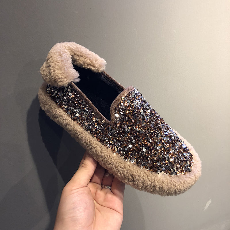 羊羔毛毛鞋女冬季新款韩版平底百搭网红豆豆鞋外穿加绒冬季豆豆鞋