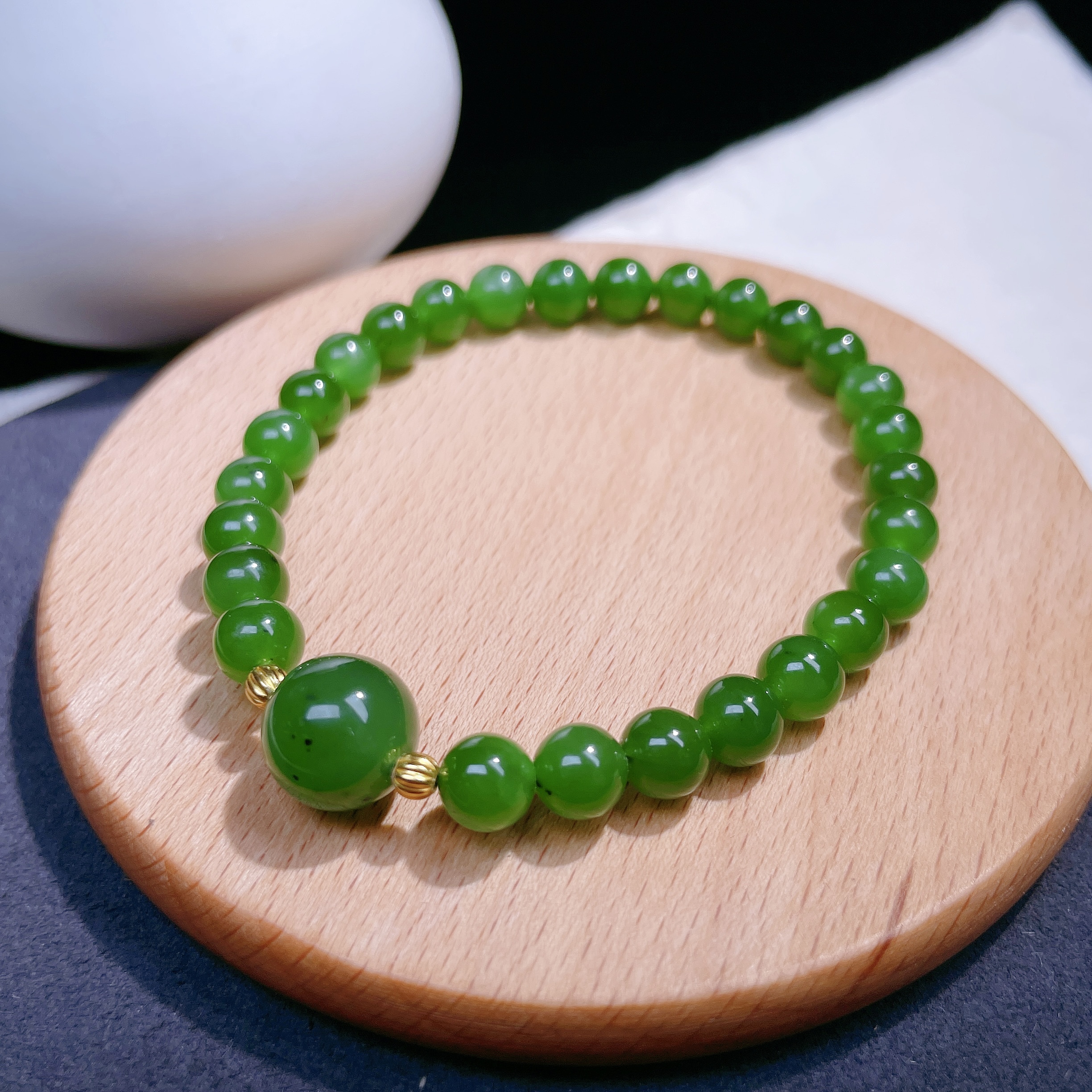 天然和田玉碧玉阳绿圆珠约6mm手链银单圈小手串女款百搭简约@3274