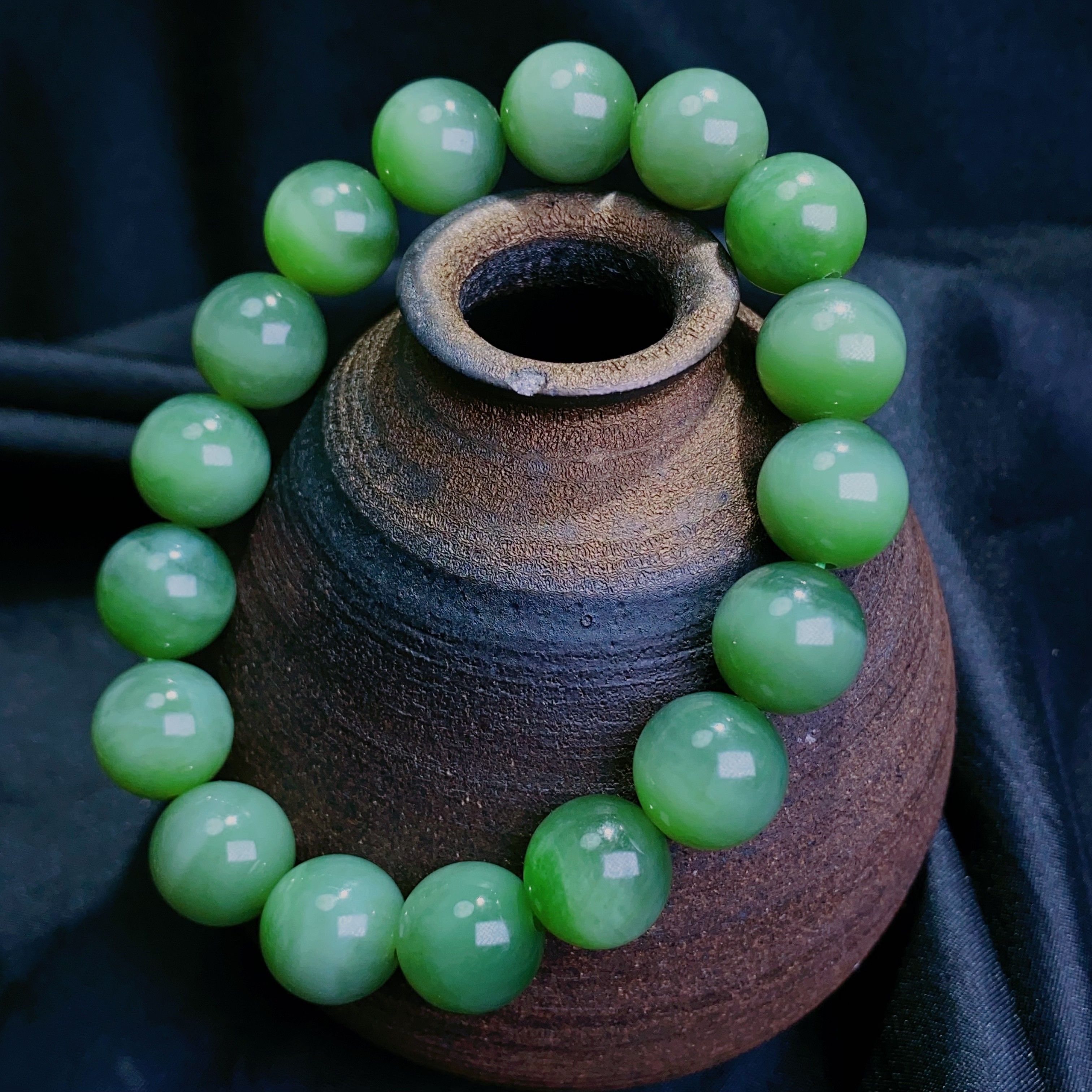 天然和田玉碧玉猫眼手链圆珠约12mm单圈手串男女通用款百搭@4497