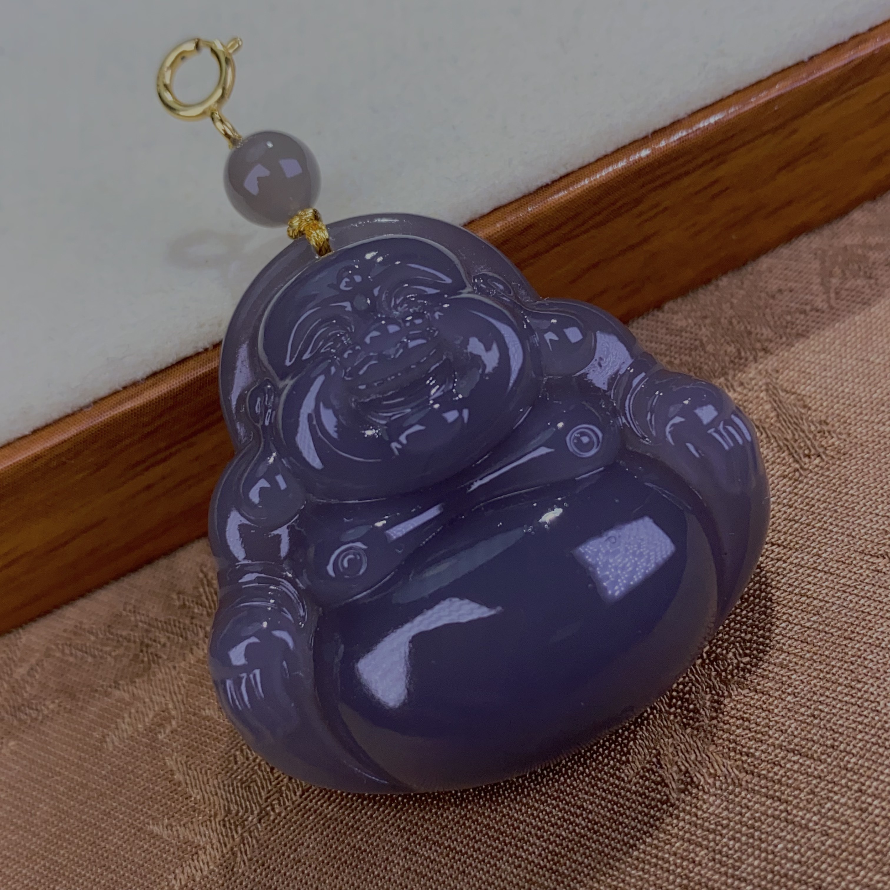 天然和田玉青海料精品烟紫浓紫佛公18.K金万能扣吊坠挂件@3049