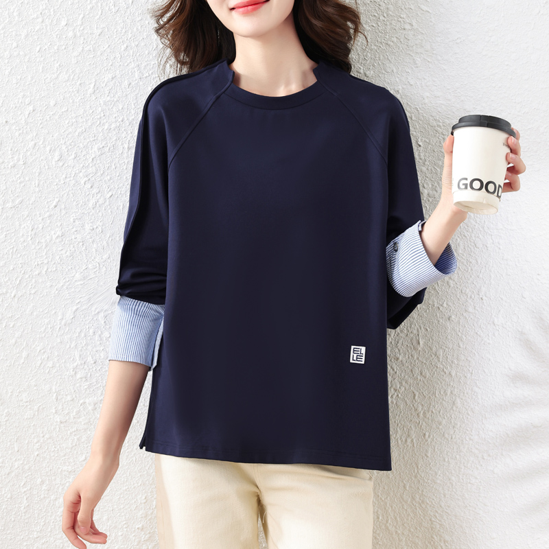 法式拼接撞色设计感长袖卫衣女2024秋冬新款大码宽松套头打底上衣