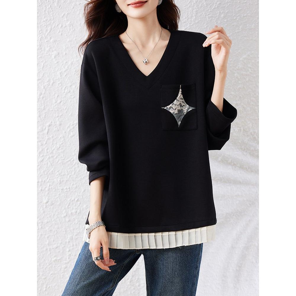 时尚V领压褶拼接假两件卫衣女秋24新款欧货宽松洋气上衣