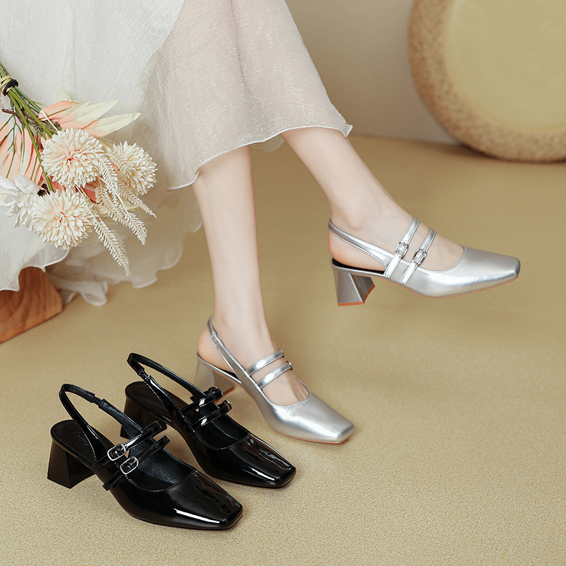 茱茱家新款5CM真皮爆款玛丽珍后空时尚气质法式方头夏季凉鞋粗跟