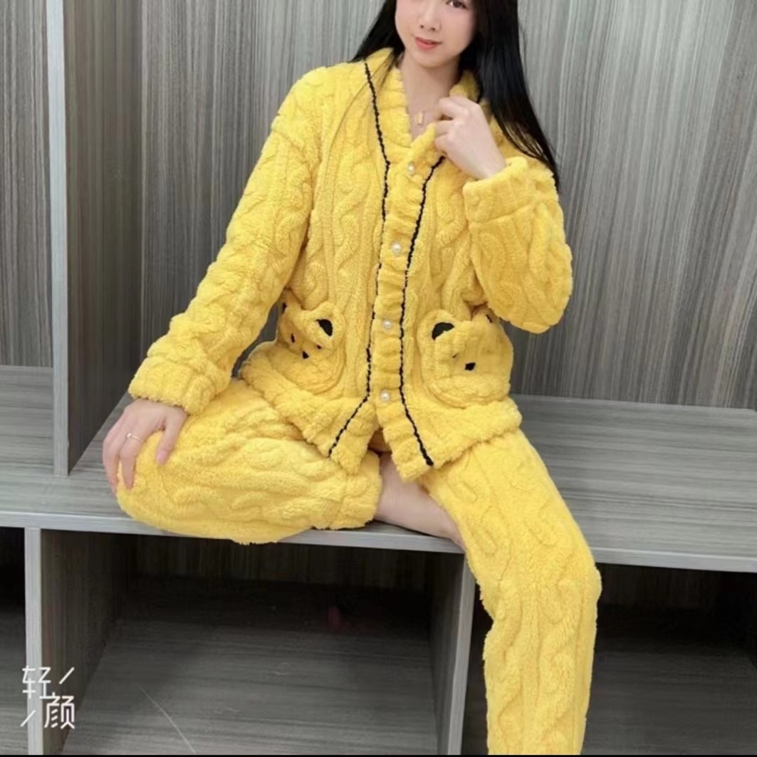 2023款冬款加绒睡衣家居服保暖长袖套装v领简约女士时尚提花加厚