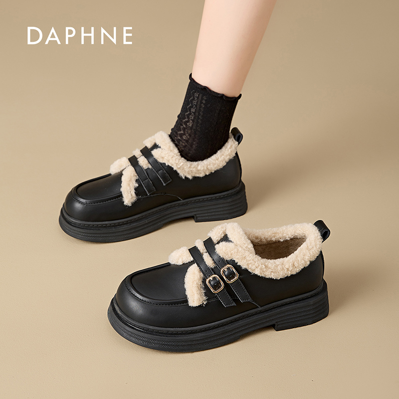 达芙妮2025冬季新款乐福鞋粗跟增高时尚百搭休闲毛绒保暖女鞋LL