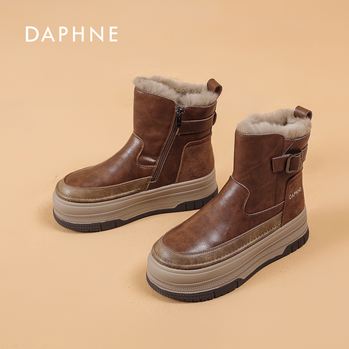 Daphne/达芙妮女鞋2026冬季厚底增高加绒保暖复古休闲时尚百搭鞋