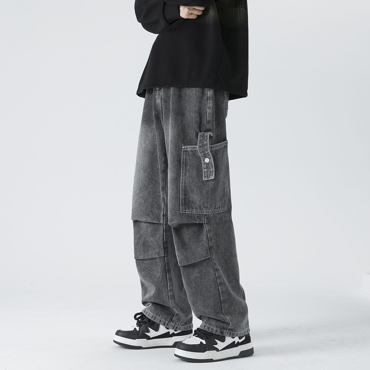 工装大口袋牛仔裤男生春秋季宽松阔腿裤子男重工艺美式高街直筒裤