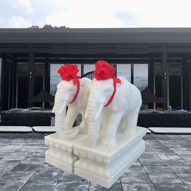 石雕大象汉白玉一对室外天然晚霞红石头小象户外门口装饰石象摆件