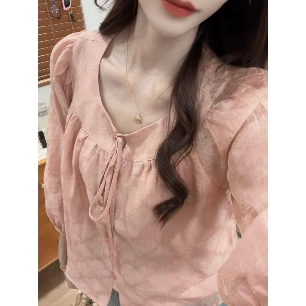 【现货】温柔甜美风褶皱系带衬衫女装夏季灯笼袖宽松衬衣防晒上衣