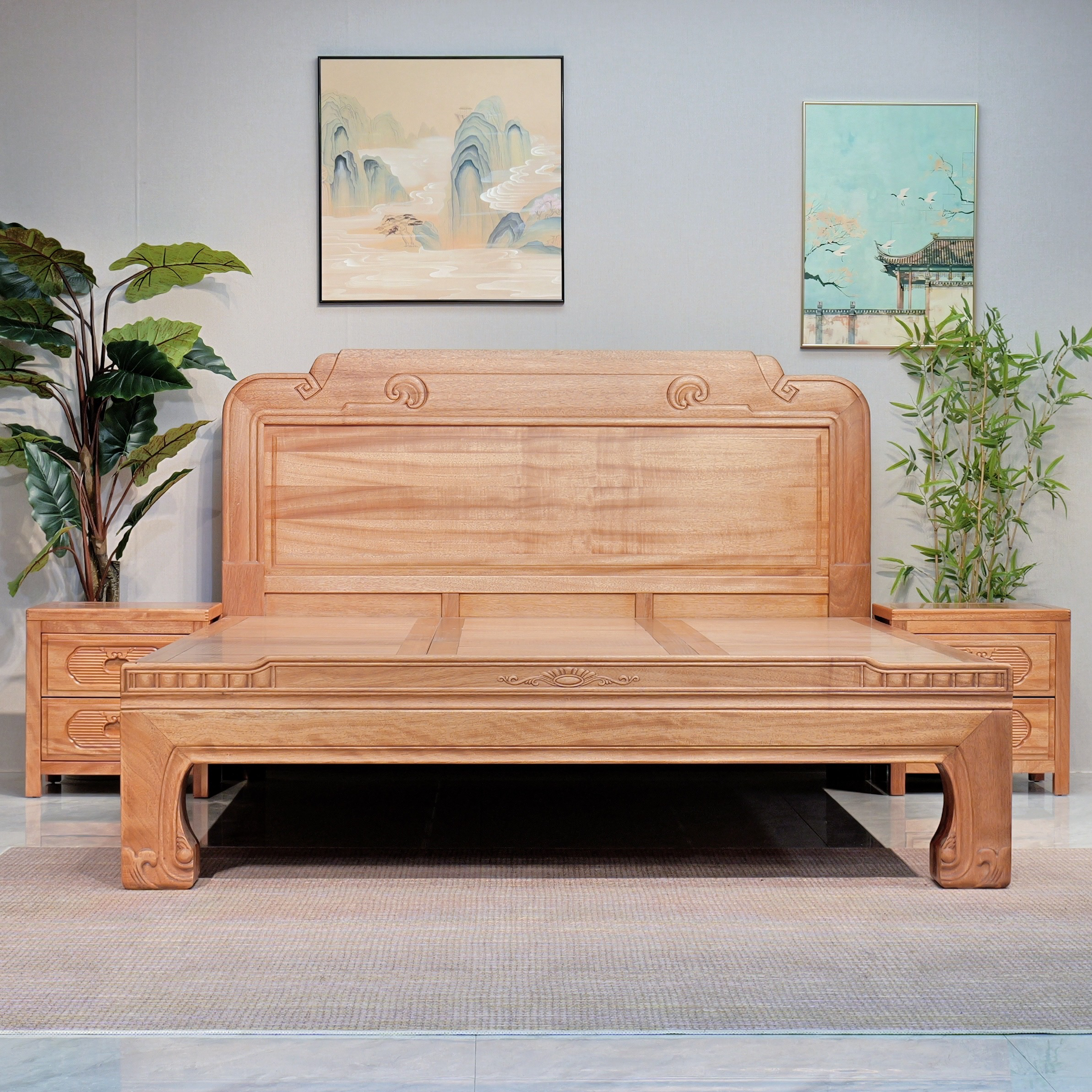 9930款木蜡油卧室主卧1.5m1.8m全实木床简约中式古典婚床