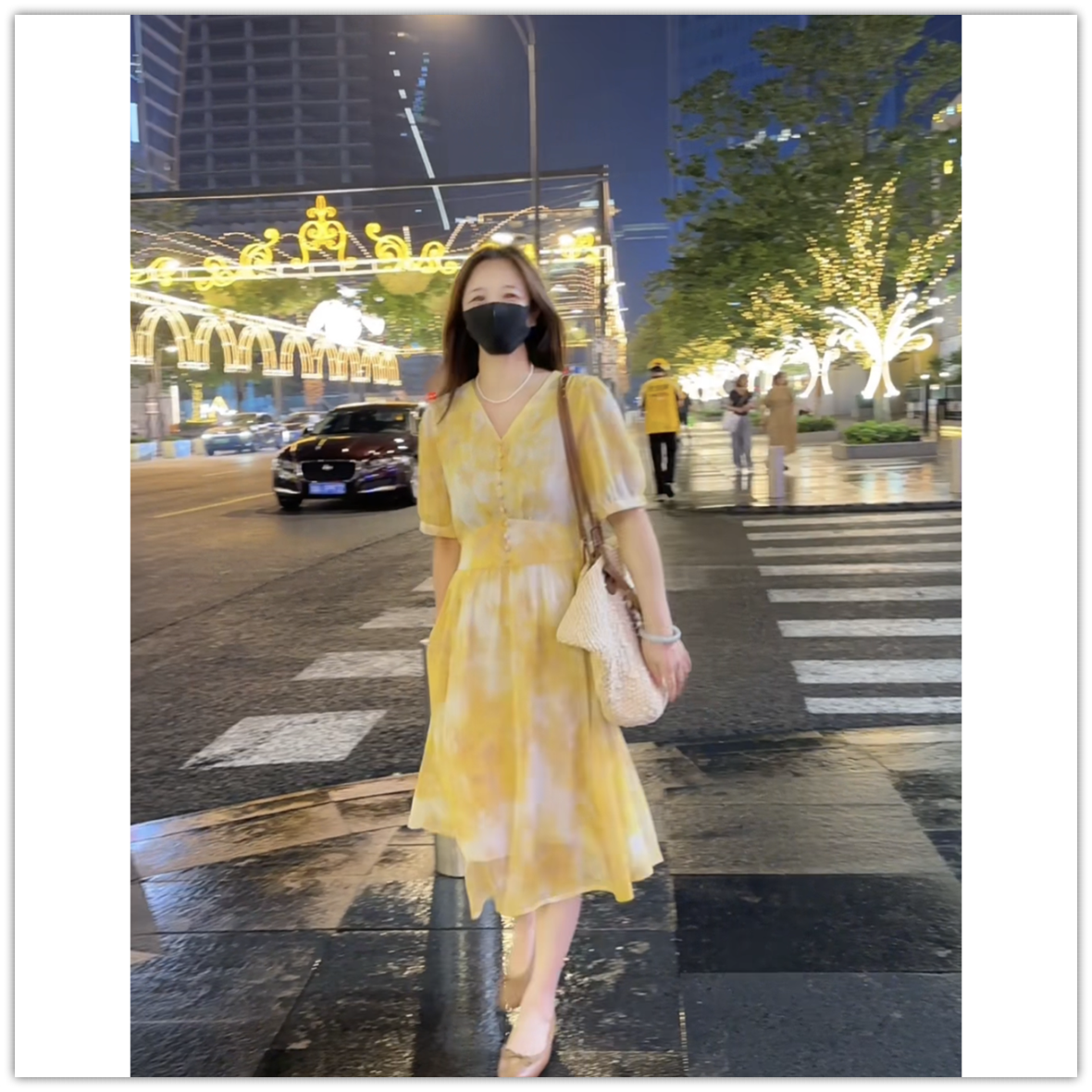 小个子黄色碎花连衣裙中长款收腰遮肚子显瘦036