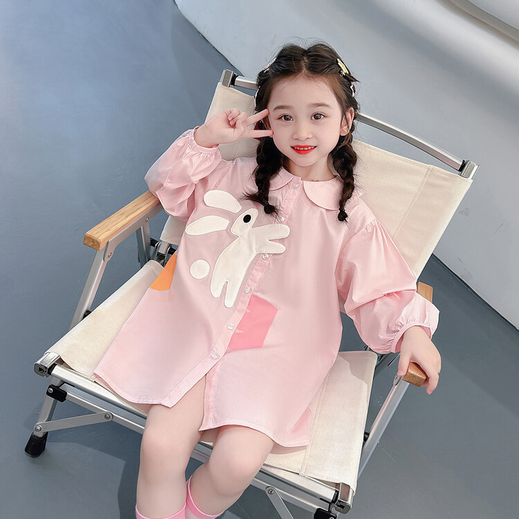 女童衬衫裙秋季2023新款女宝宝洋气甜美卡通娃娃领时髦秋装连衣裙