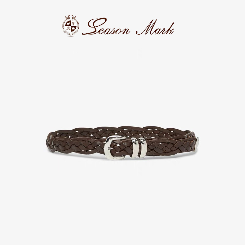 SEASONMARK男士经典棕色复古百搭时尚编织带扣皮带商务休闲腰带男