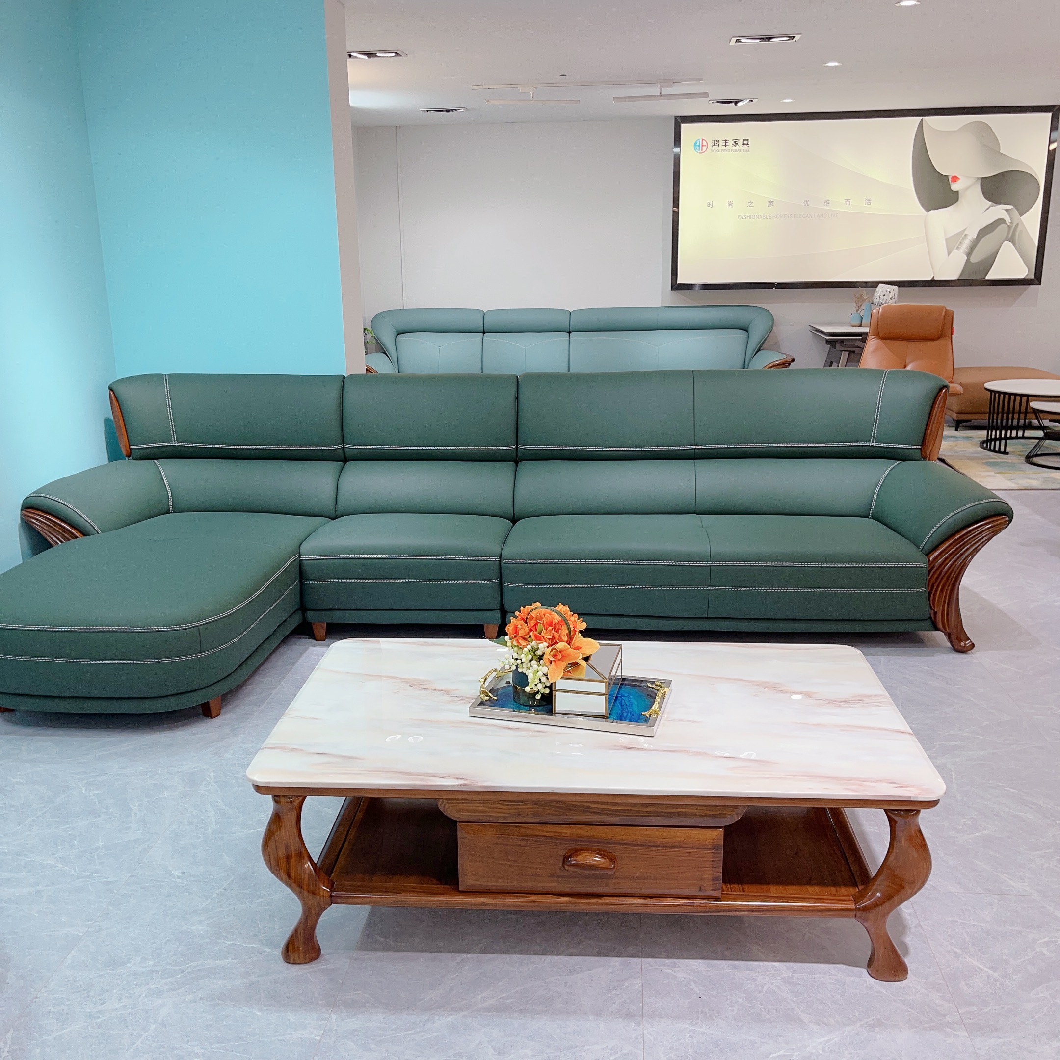 【源木居】轻奢乌金木头层牛皮客厅沙发3.65米