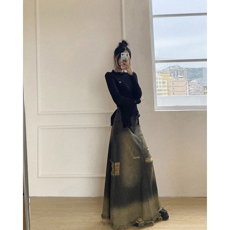 大码高腰复古水洗做旧设计重工磨洗A型大摆毛边破洞牛仔半身裙女