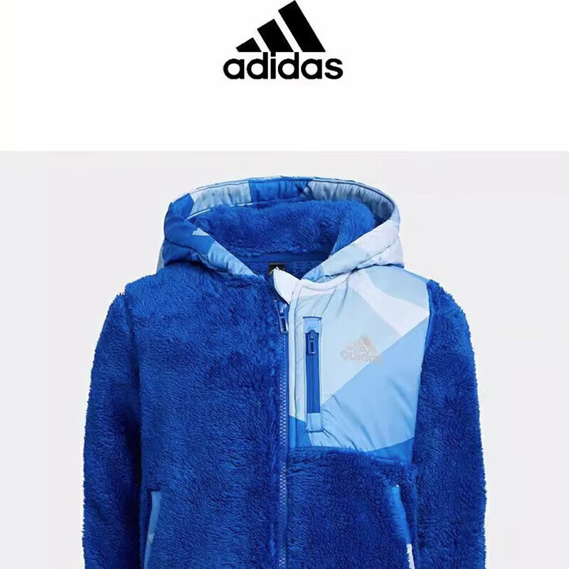 adidas/阿迪达斯儿童装毛毛衣蓝色拼色可爱冬季加绒户外保暖外套