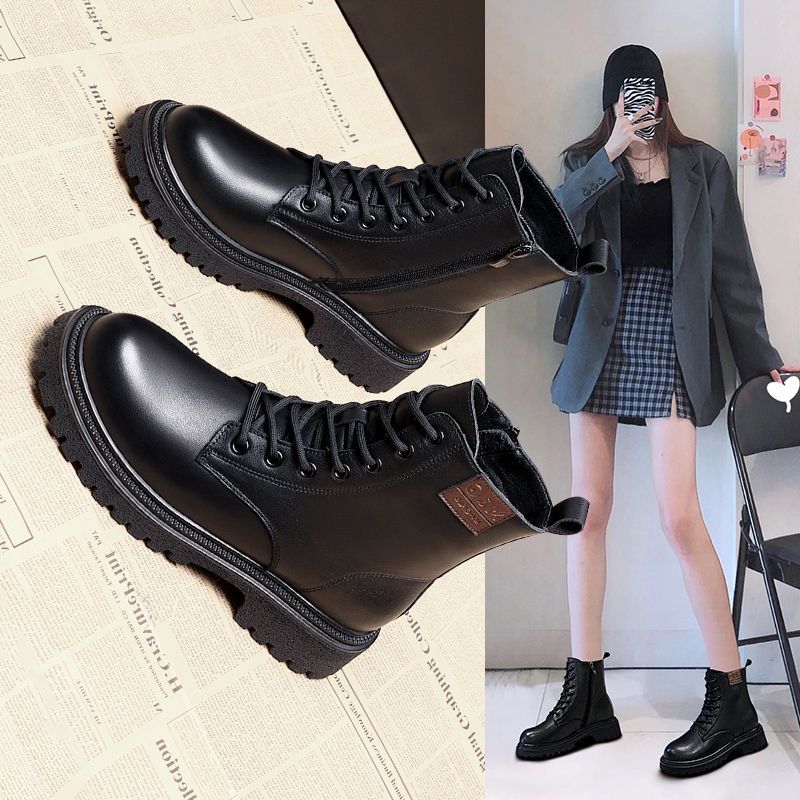 红蜻蜓牌真皮马丁靴女2023新款春秋短靴平底百搭显瘦英伦风单靴子