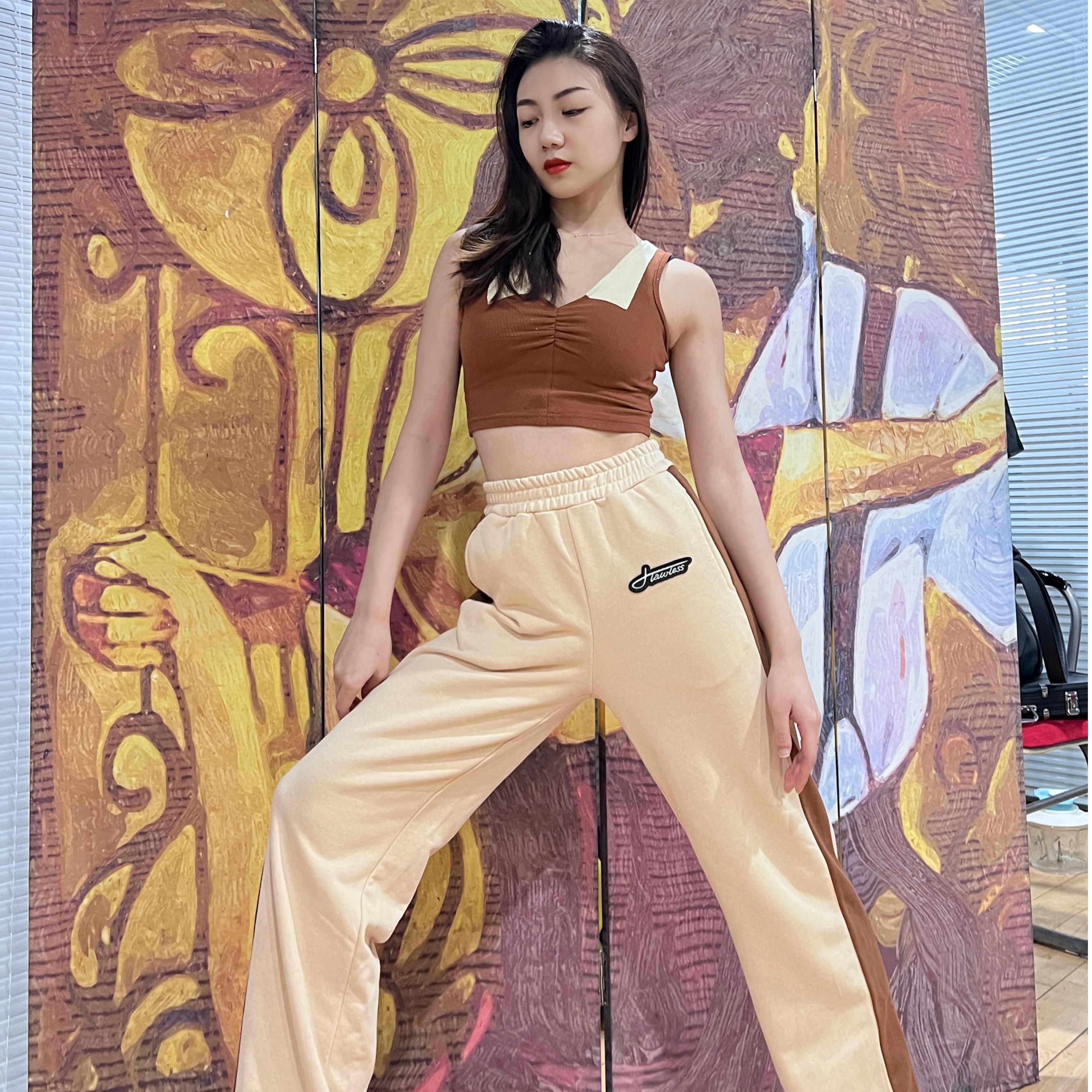 FL舞服女款网红针织高腰时尚百搭看球春夏透气休闲外穿短款撞色