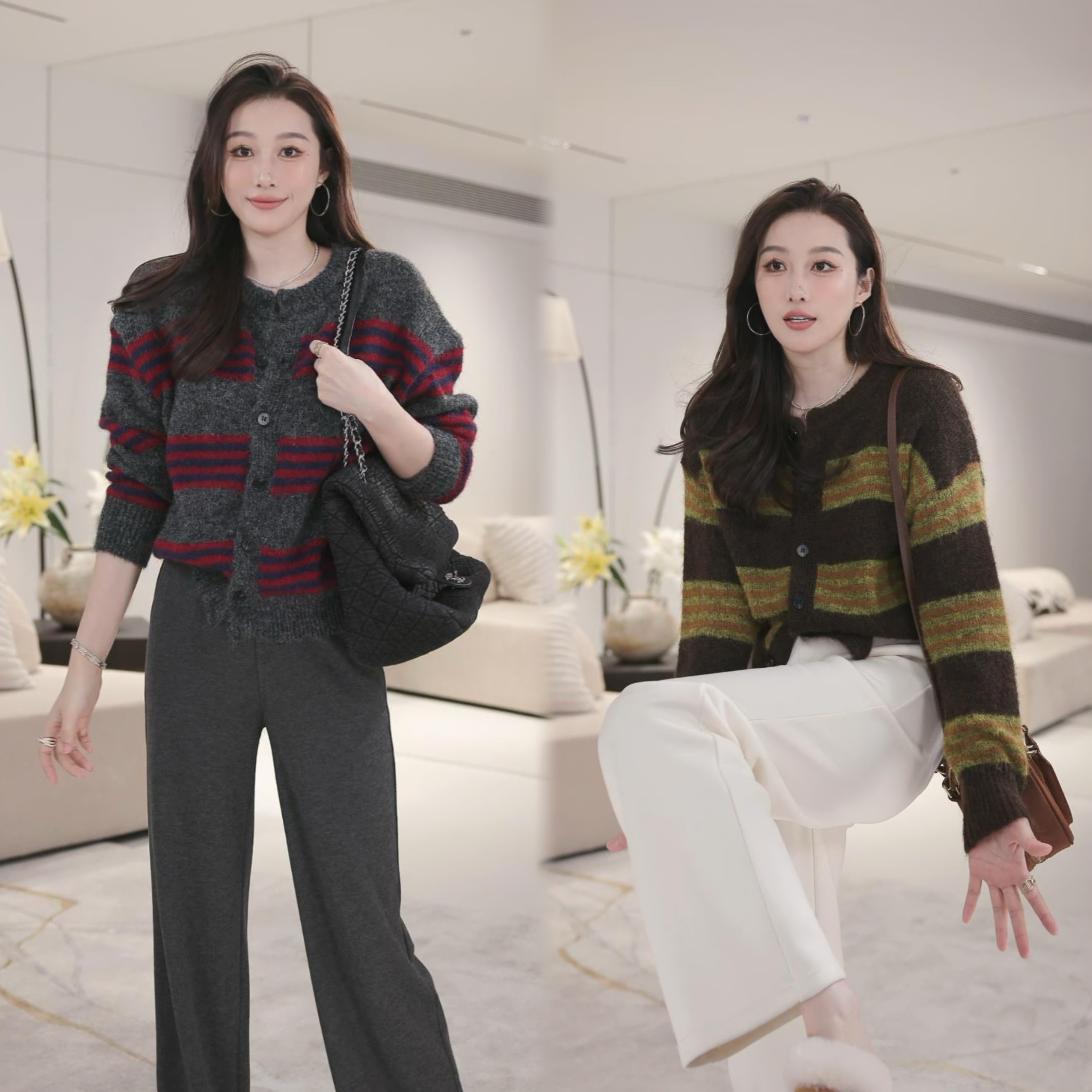 「断码特价」撞色条纹厚款毛衣女2024冬季新款圆领针织开衫上衣4185