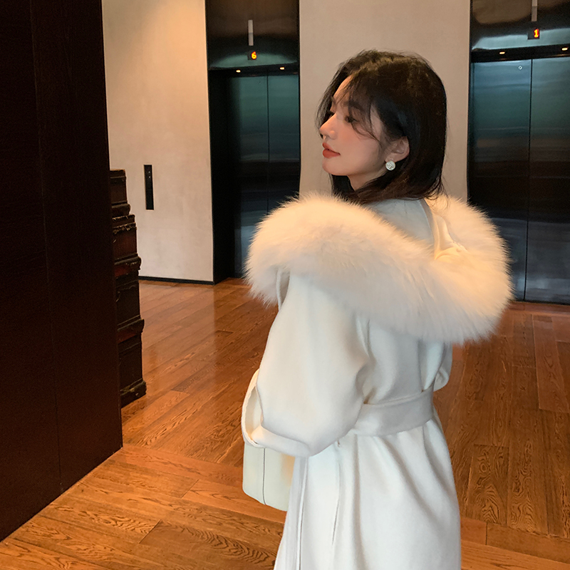大娇Mayswear雪后初霁狐狸毛领白色长款全羊毛小个子双面呢大衣女