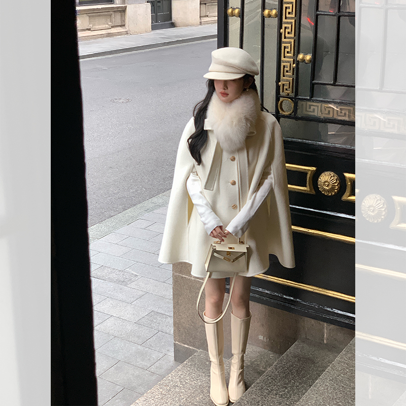 大娇Mayswear玫瑰千金新款蝴蝶结千金风公主风羊毛双面呢斗篷大衣