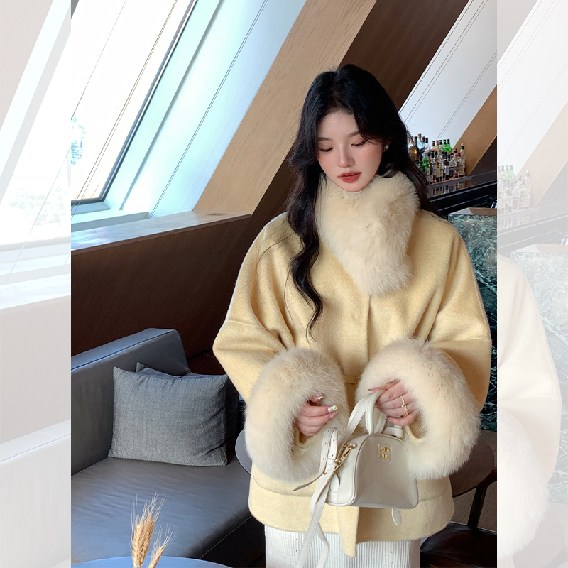 大娇「祈愿少女」韩版千金风中长款纯羊毛双面呢大衣狐狸毛围脖毛袖