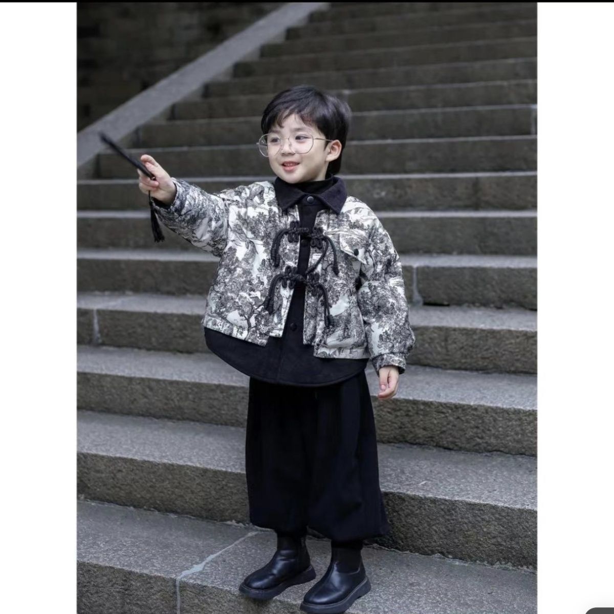 男童衣冬季新款中国风江南水墨风潮酷宝宝羽绒服两件套