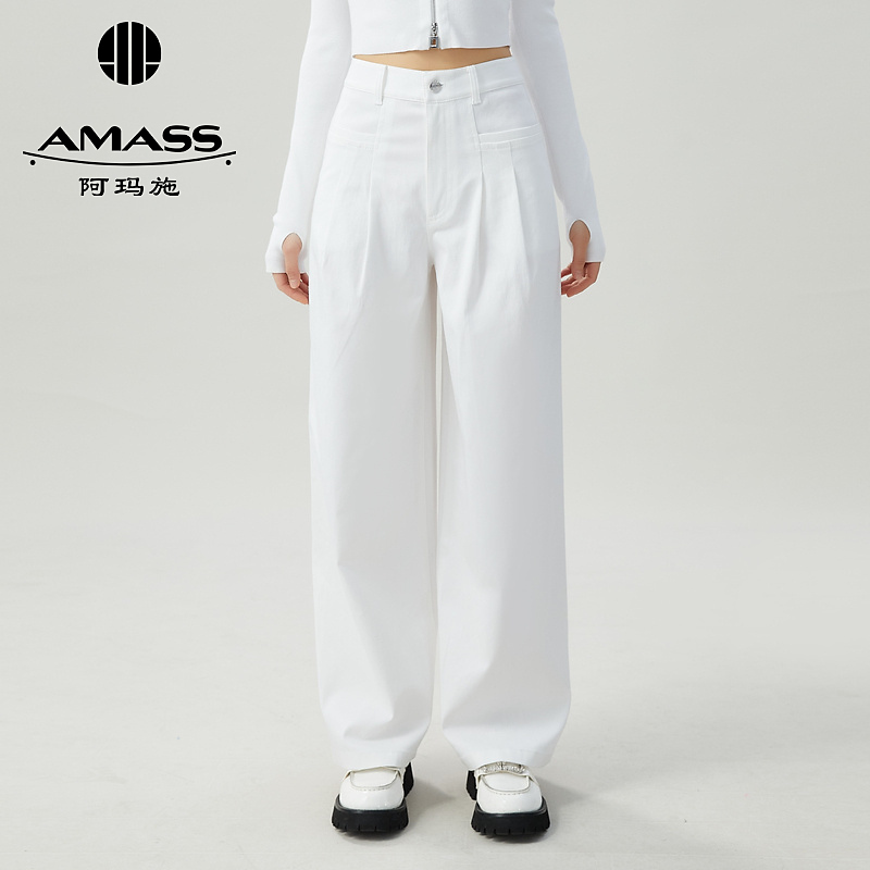 阿玛施AMASS新款女装通勤高腰显瘦时尚简约休闲宽腿长裤5100478