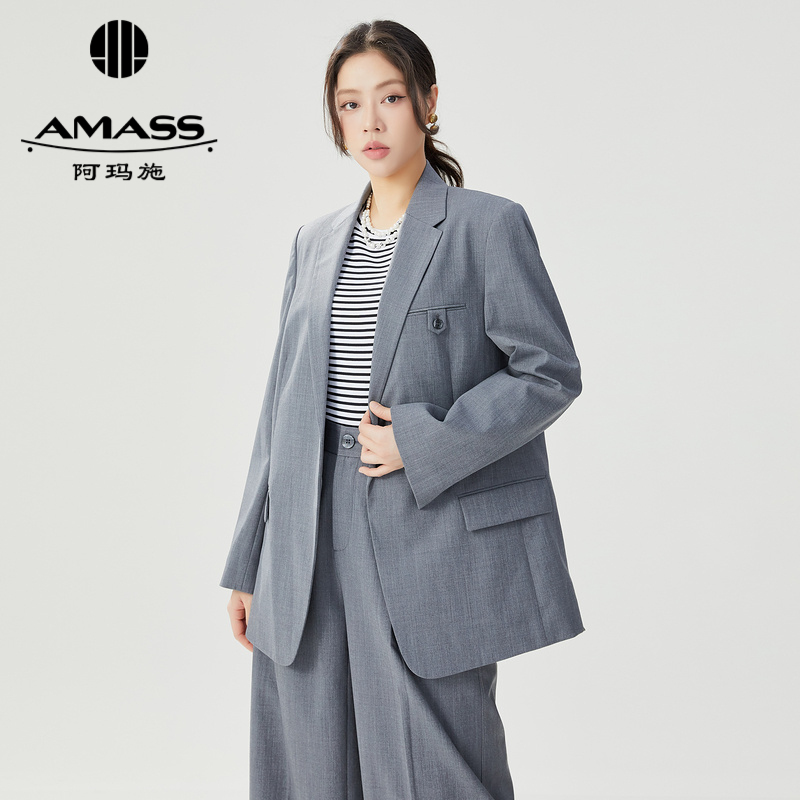 阿玛施AMASS新款女装绵羊毛通勤轻职场宽松爸爸西装外套女5400604