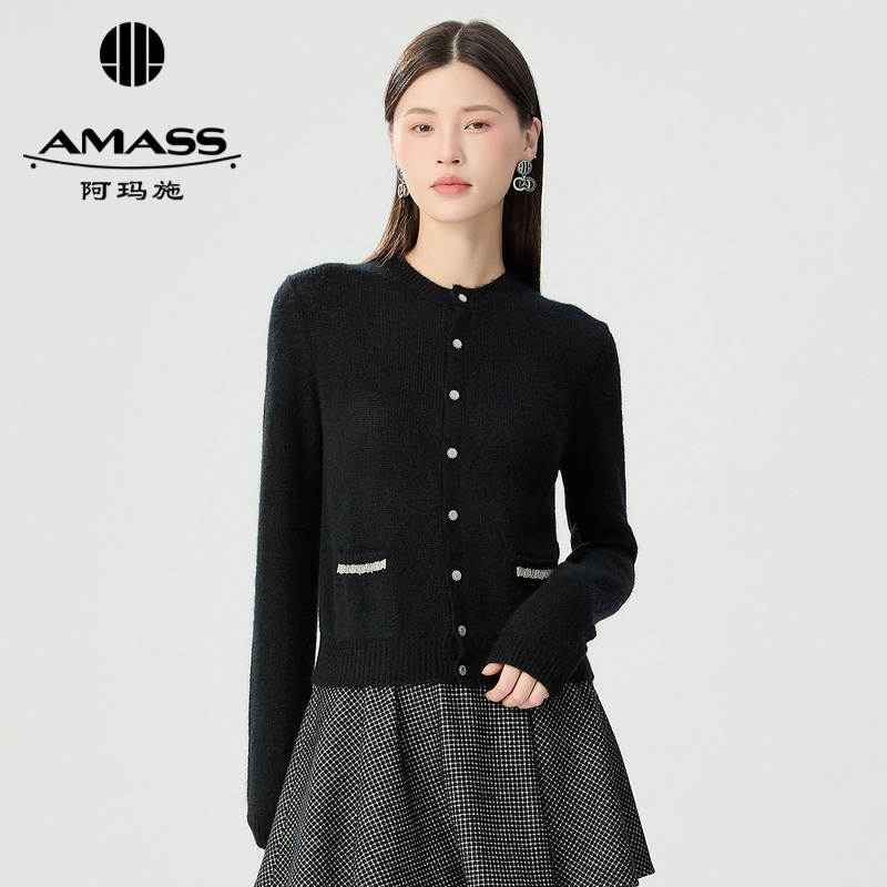 阿玛施AMASS新款时尚百搭温柔气质毛绒质感圆领针织开衫女5499272